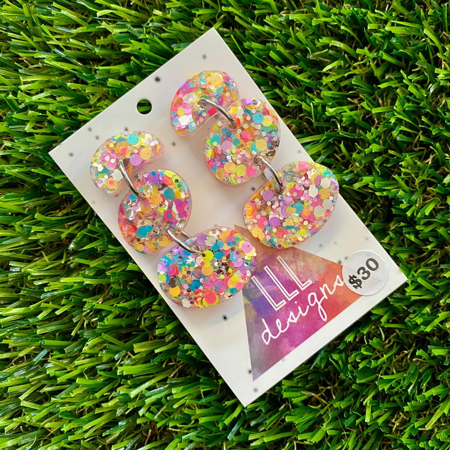 ON SALE!!!!!! Resin Earrings - Silver Rainbow Confetti Pebble Dangles - Wilma Design!