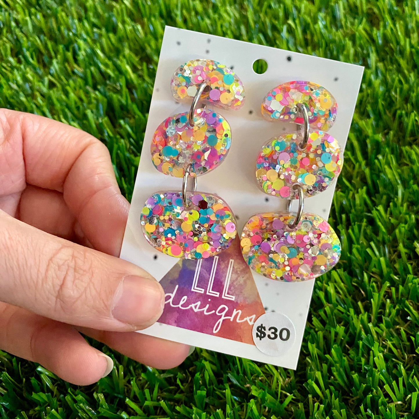 ON SALE!!!!!! Resin Earrings - Silver Rainbow Confetti Pebble Dangles - Wilma Design!