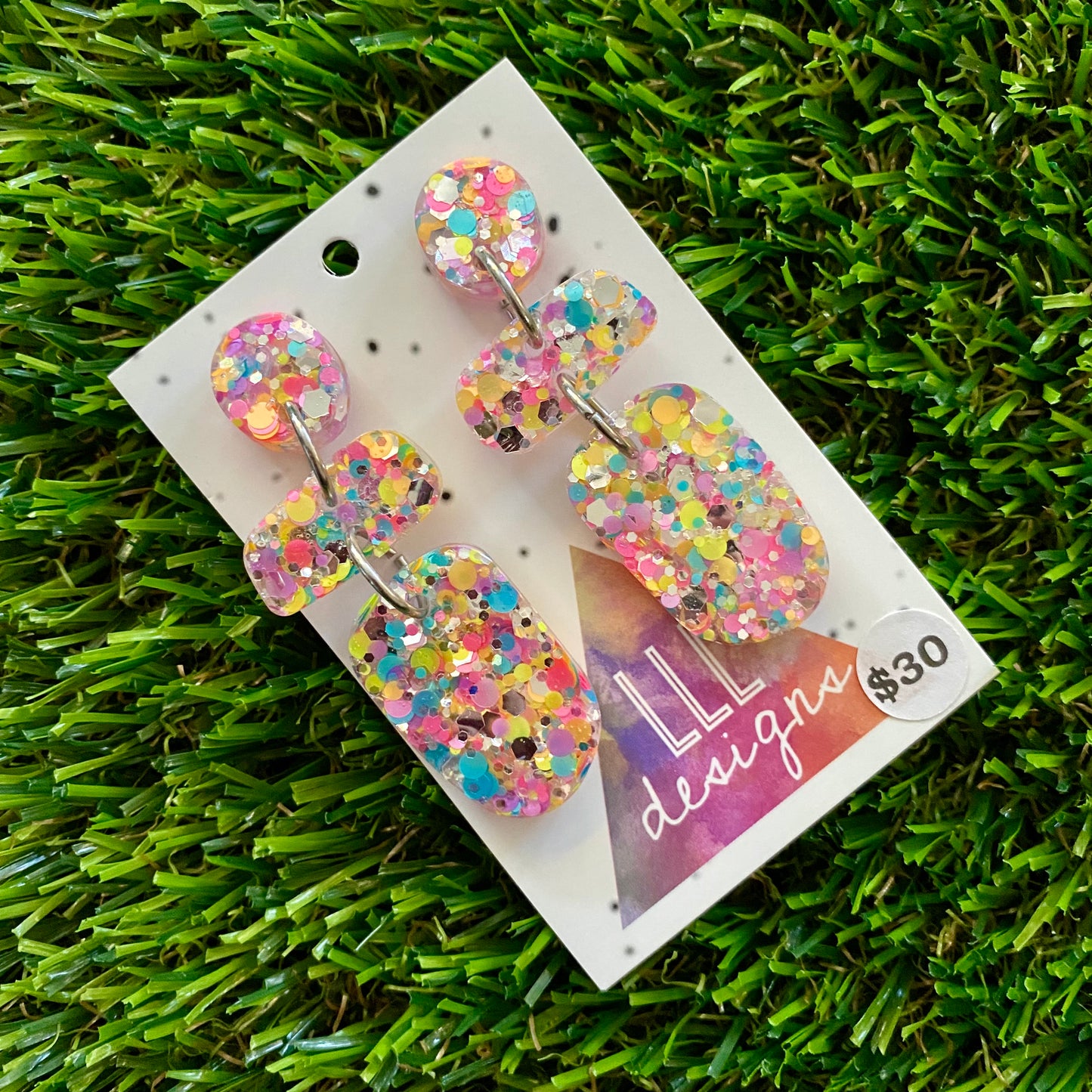 ON SALE!!!!!! Resin Earrings - Silver Rainbow Confetti Pebble Dangles - Betty Design!