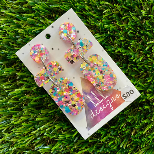 ON SALE!!!!!! Resin Earrings - Silver Rainbow Confetti Pebble Dangles - Betty Design!