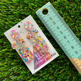 Resin Earrings - Silver Rainbow Confetti Pebble Dangles - Betty Design!