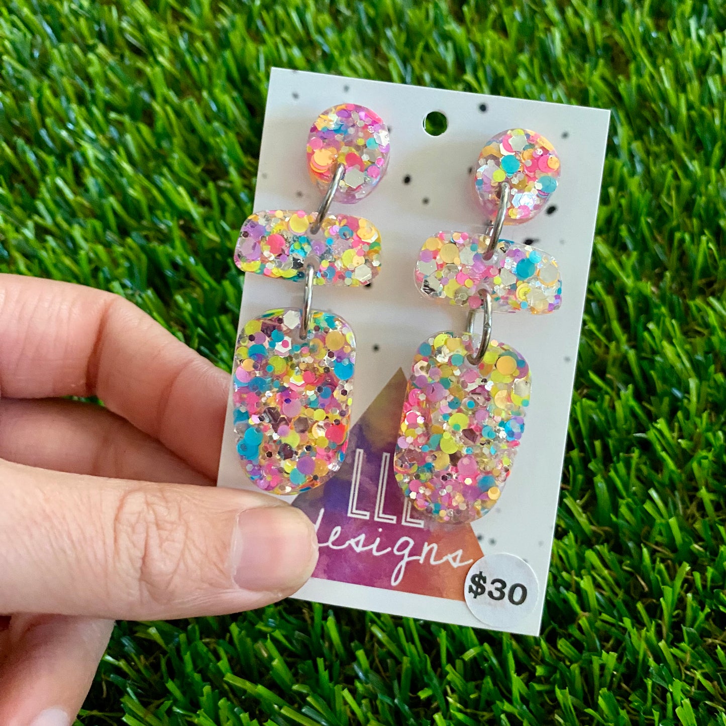 ON SALE!!!!!! Resin Earrings - Silver Rainbow Confetti Pebble Dangles - Betty Design!