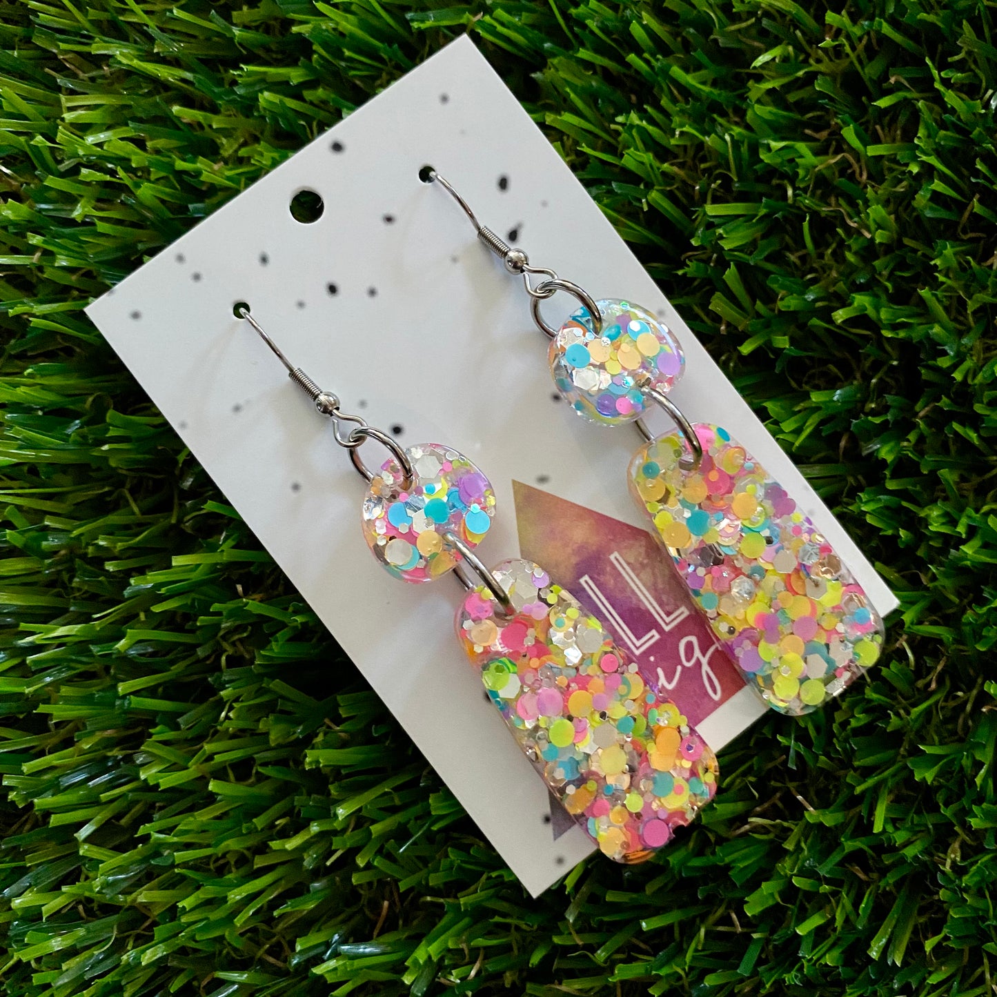 ON SALE!!!!!! Resin Earrings - Silver Rainbow Confetti Pebble Dangles - Barney Design Featuring a Hook Top!