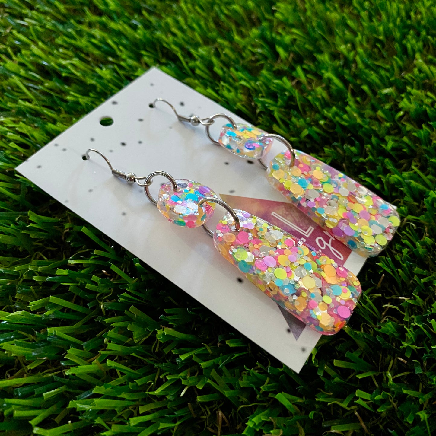 ON SALE!!!!!! Resin Earrings - Silver Rainbow Confetti Pebble Dangles - Barney Design Featuring a Hook Top!