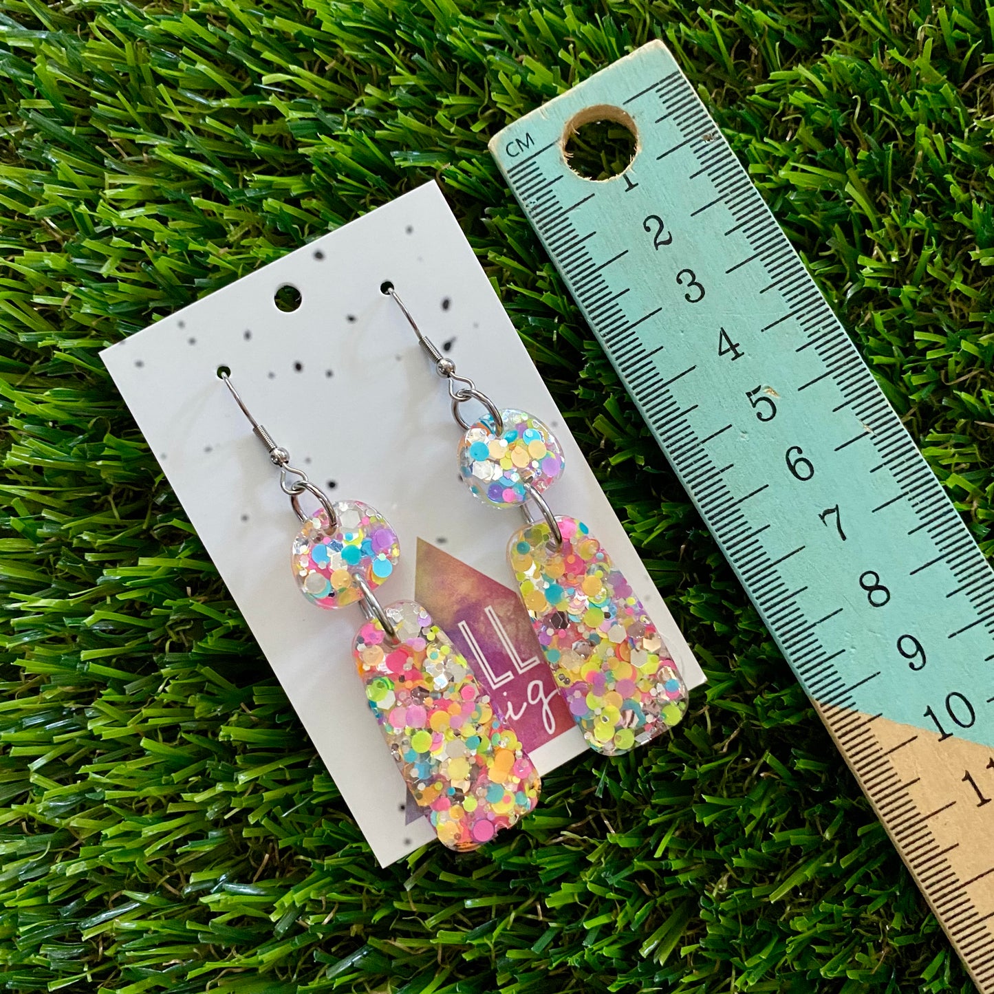 ON SALE!!!!!! Resin Earrings - Silver Rainbow Confetti Pebble Dangles - Barney Design Featuring a Hook Top!
