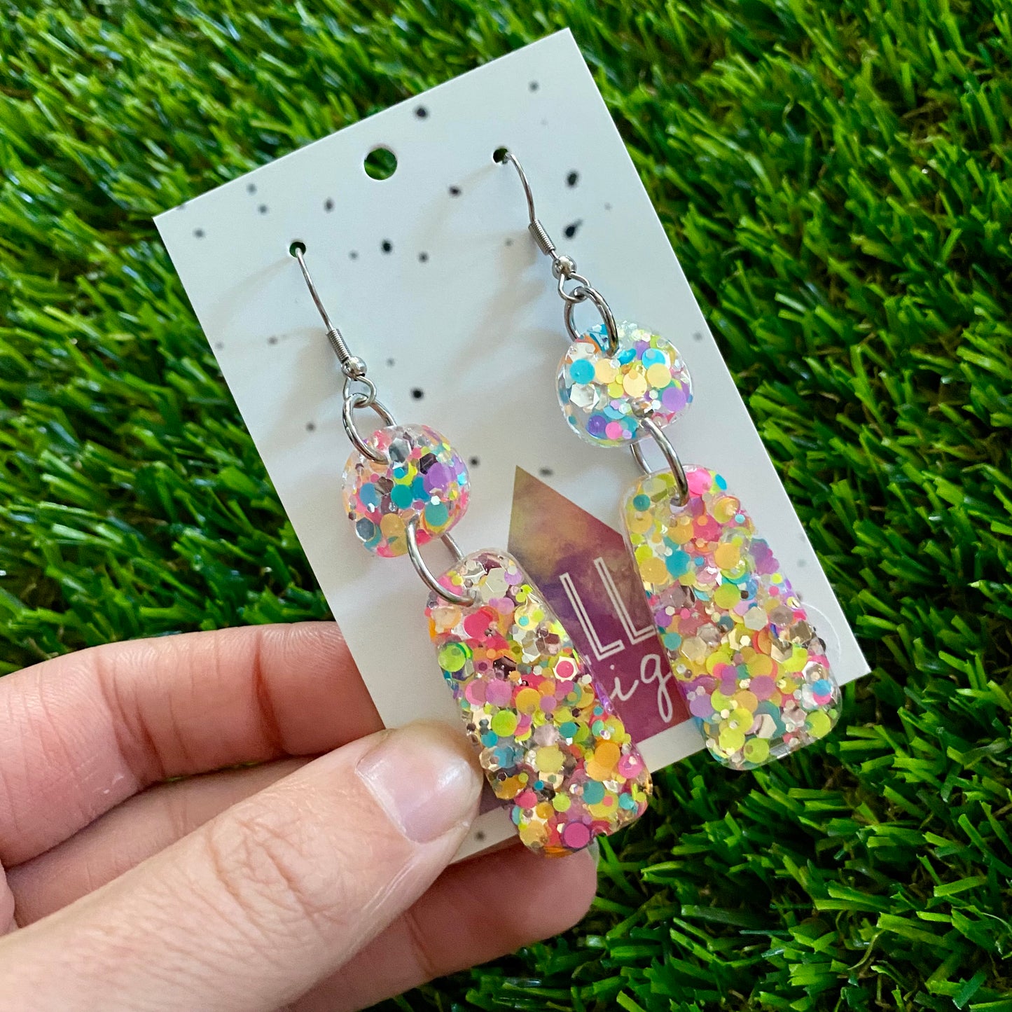 ON SALE!!!!!! Resin Earrings - Silver Rainbow Confetti Pebble Dangles - Barney Design Featuring a Hook Top!