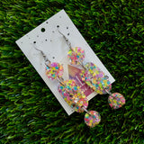 Resin Earrings - Silver Rainbow Confetti Pebble Dangles - Fred Design Featuring a Hook Top!