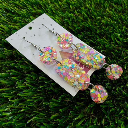 ON SALE!!!!!! Resin Earrings - Silver Rainbow Confetti Pebble Dangles - Fred Design Featuring a Hook Top!