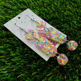 Resin Earrings - Silver Rainbow Confetti Pebble Dangles - Fred Design Featuring a Hook Top!