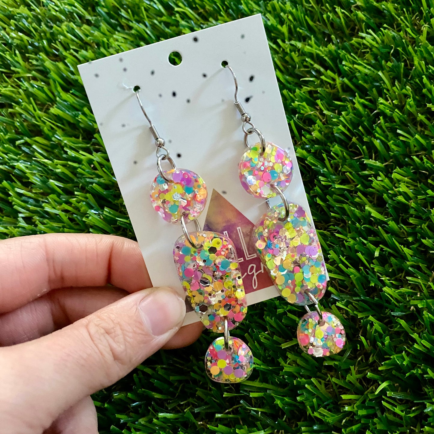 ON SALE!!!!!! Resin Earrings - Silver Rainbow Confetti Pebble Dangles - Fred Design Featuring a Hook Top!