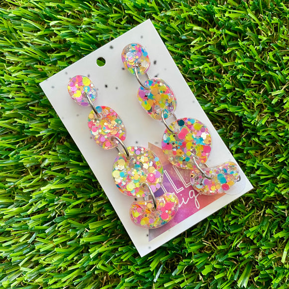 Resin Earrings - Silver Rainbow Confetti Pebble Dangles - Gazoo Design!