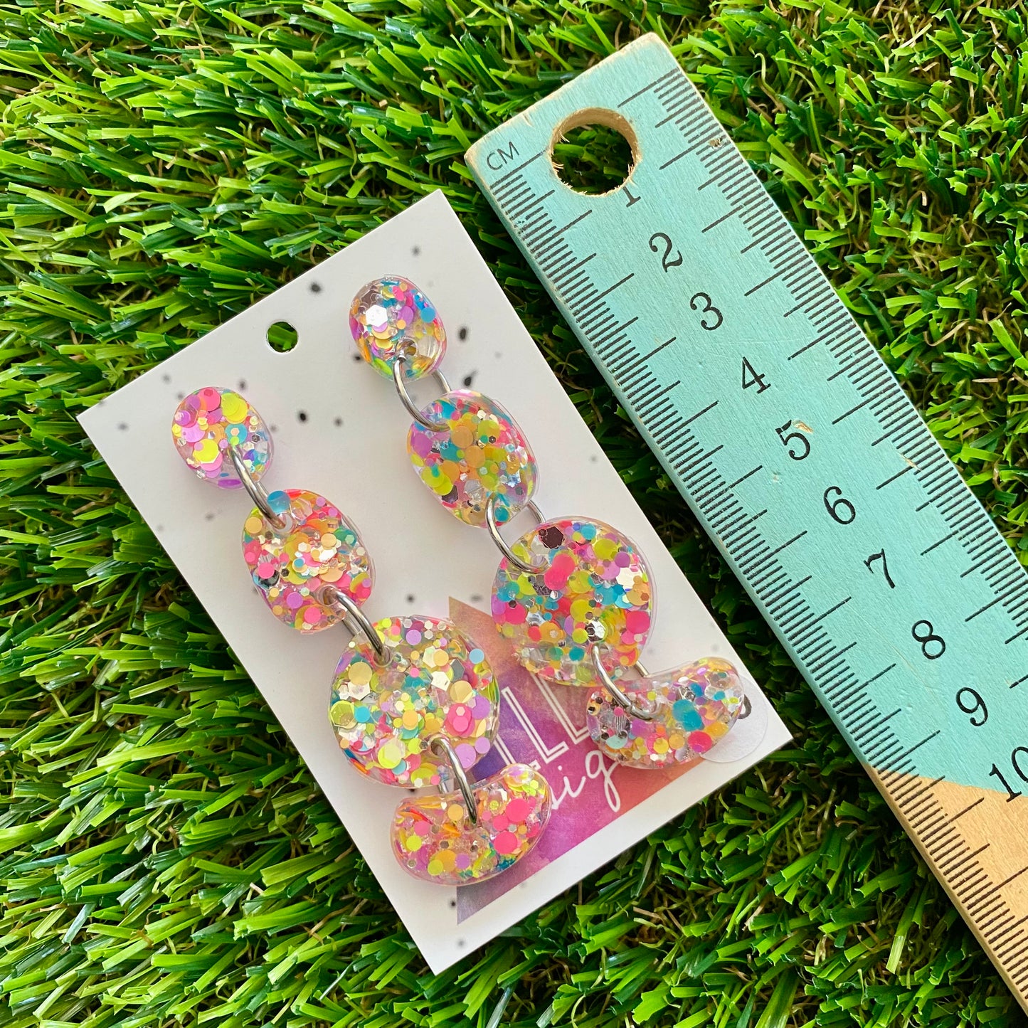 ON SALE!!!!!! Resin Earrings - Silver Rainbow Confetti Pebble Dangles - Gazoo Design!