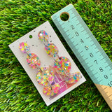 Resin Earrings - Silver Rainbow Confetti Pebble Dangles - Gazoo Design!