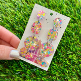 Resin Earrings - Silver Rainbow Confetti Pebble Dangles - Gazoo Design!