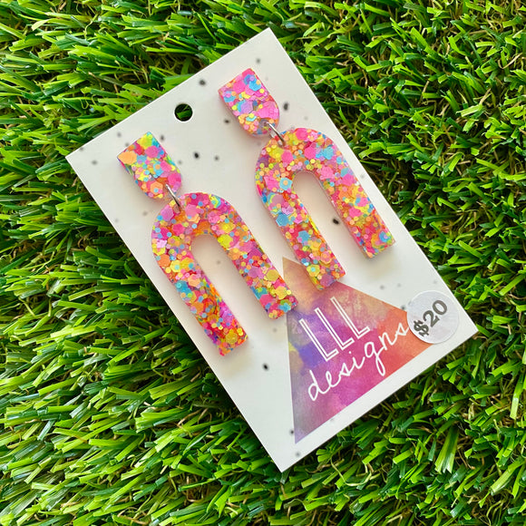 Resin Earrings - Rainbow Confetti Open Arches Dangles!