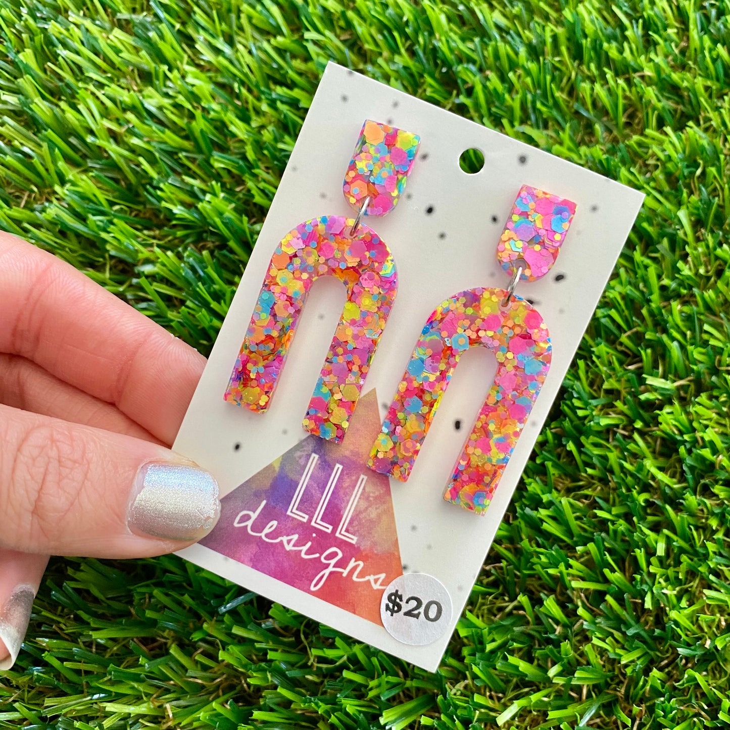 ON SALE!!!!!! Resin Earrings - Rainbow Confetti Open Arches Dangles!