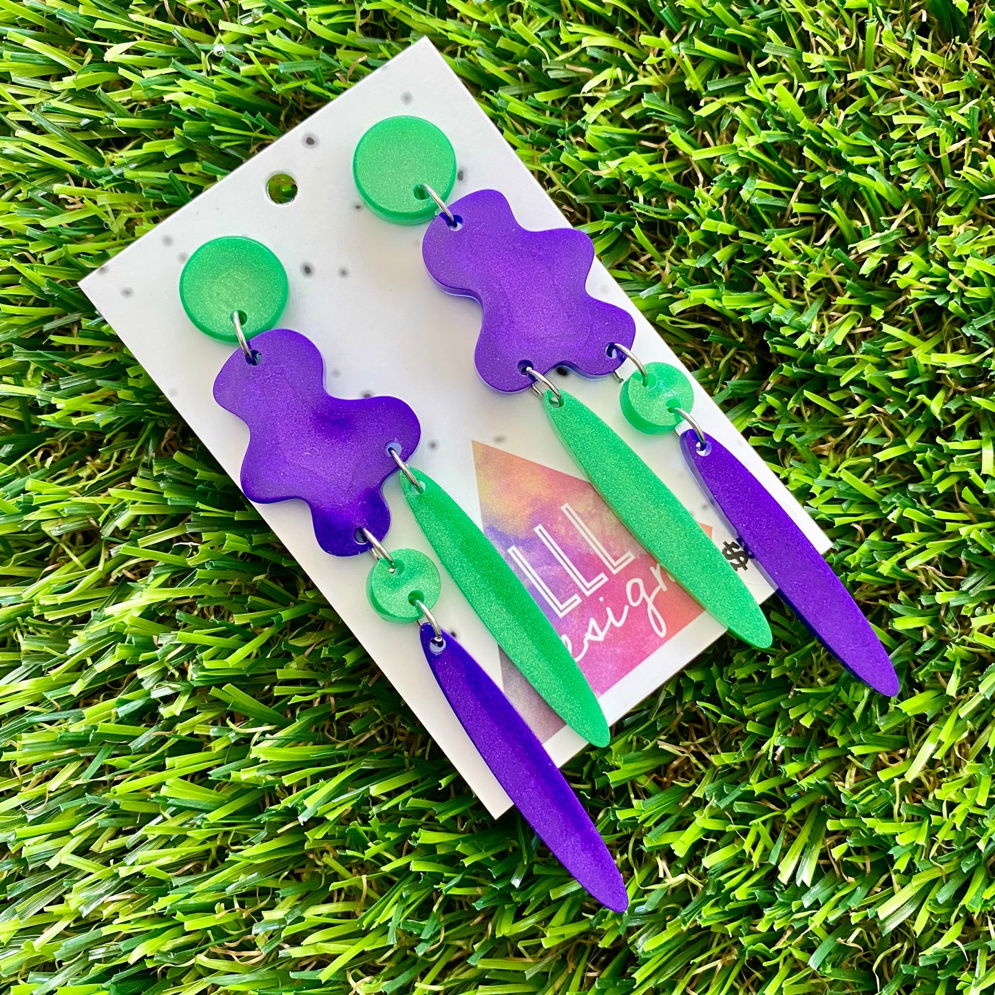 ON SALE!!!!!! Resin Earrings - Purple and Green Wiggle Woo Dangles!