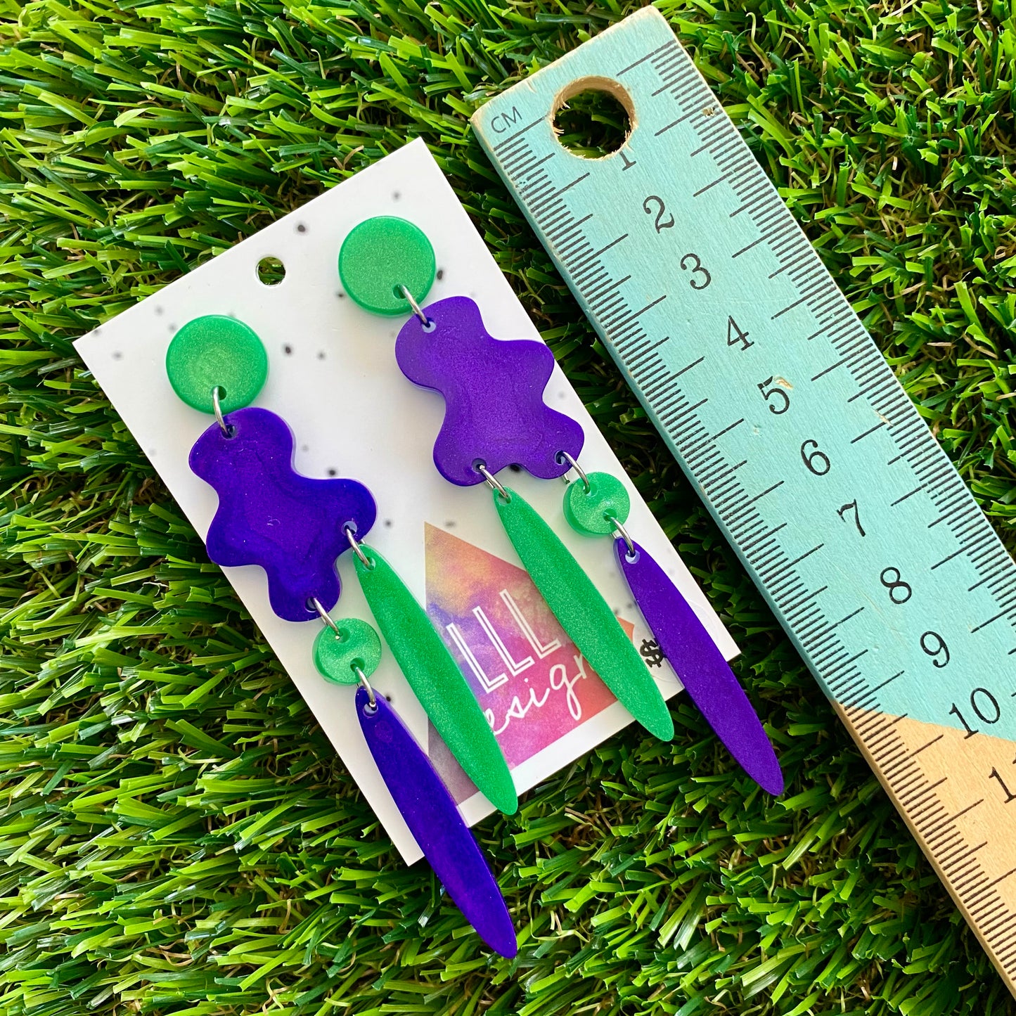 ON SALE!!!!!! Resin Earrings - Purple and Green Wiggle Woo Dangles!