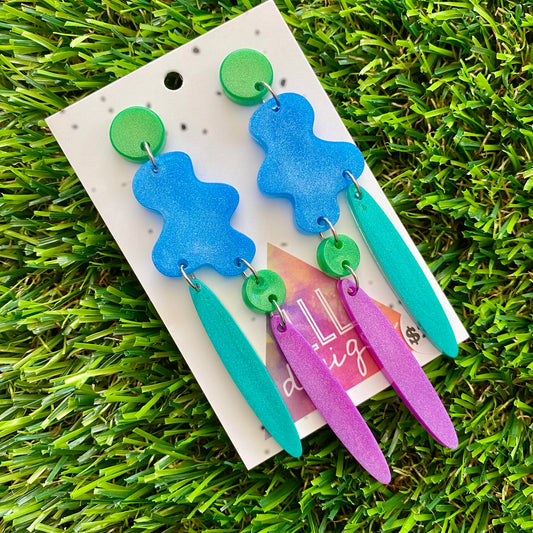 ON SALE!!!!!! Resin Earrings - Blue, Purple and Green Wiggle Woo Dangles!