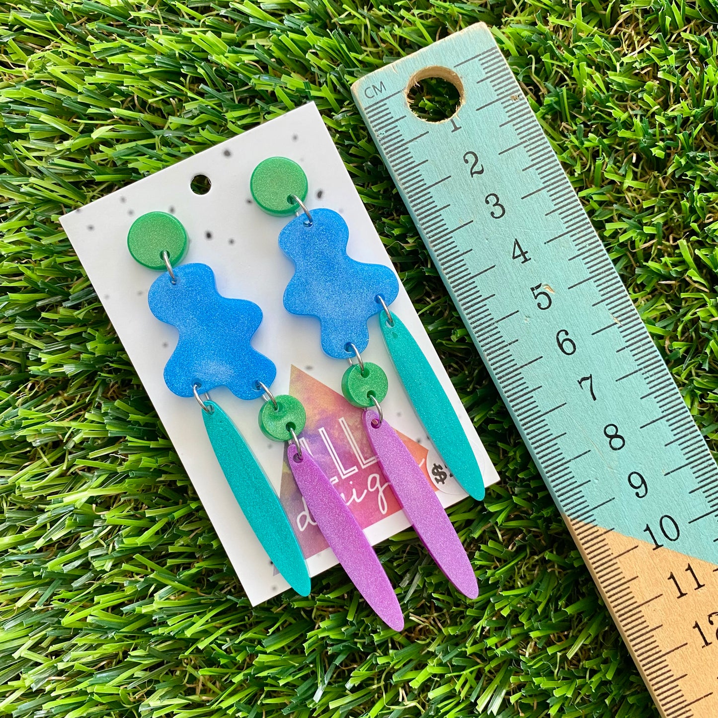 ON SALE!!!!!! Resin Earrings - Blue, Purple and Green Wiggle Woo Dangles!