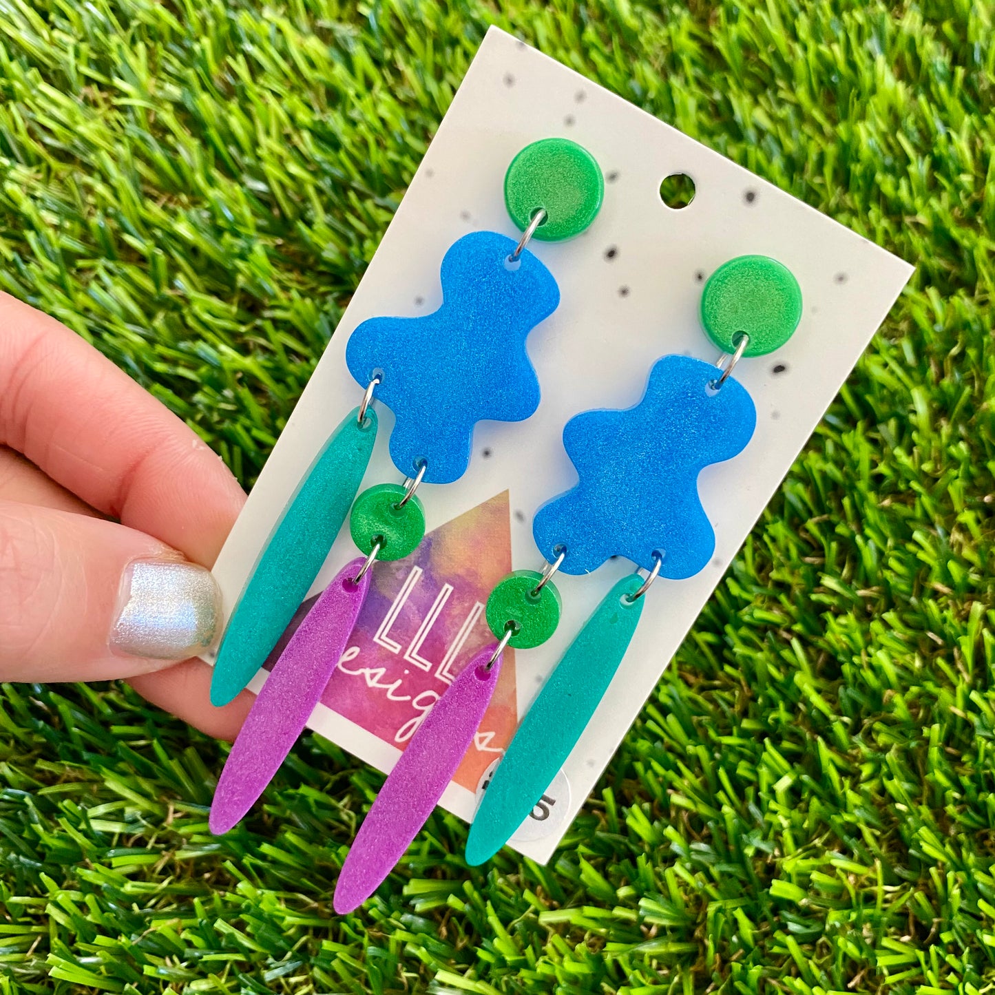 ON SALE!!!!!! Resin Earrings - Blue, Purple and Green Wiggle Woo Dangles!