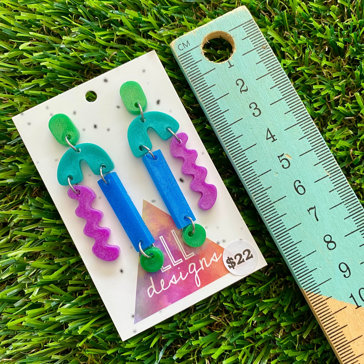ON SALE!!!!!! Resin Earrings - Blue, Green and Purple A Bit of Everything Dangles!