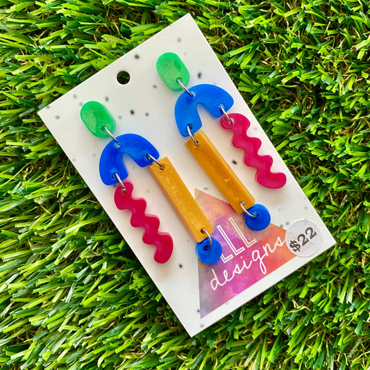 ON SALE!!!!!! Resin Earrings - Green, Blue, Red and Gold A Bit of Everything Dangles!