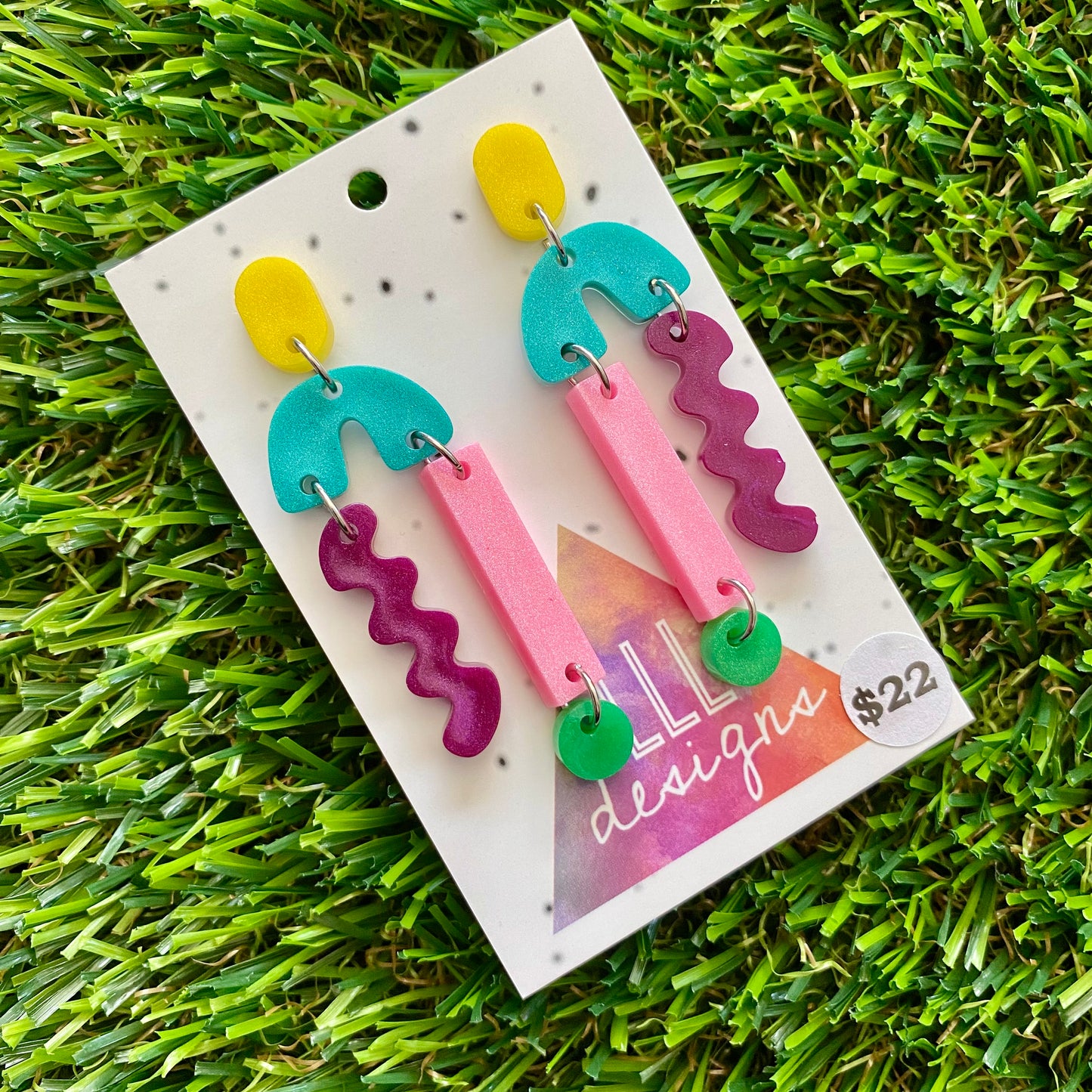 ON SALE!!!!!! Resin Earrings - Yellow, Teal, Purple, Pink and Green A Bit of Everything Dangles!