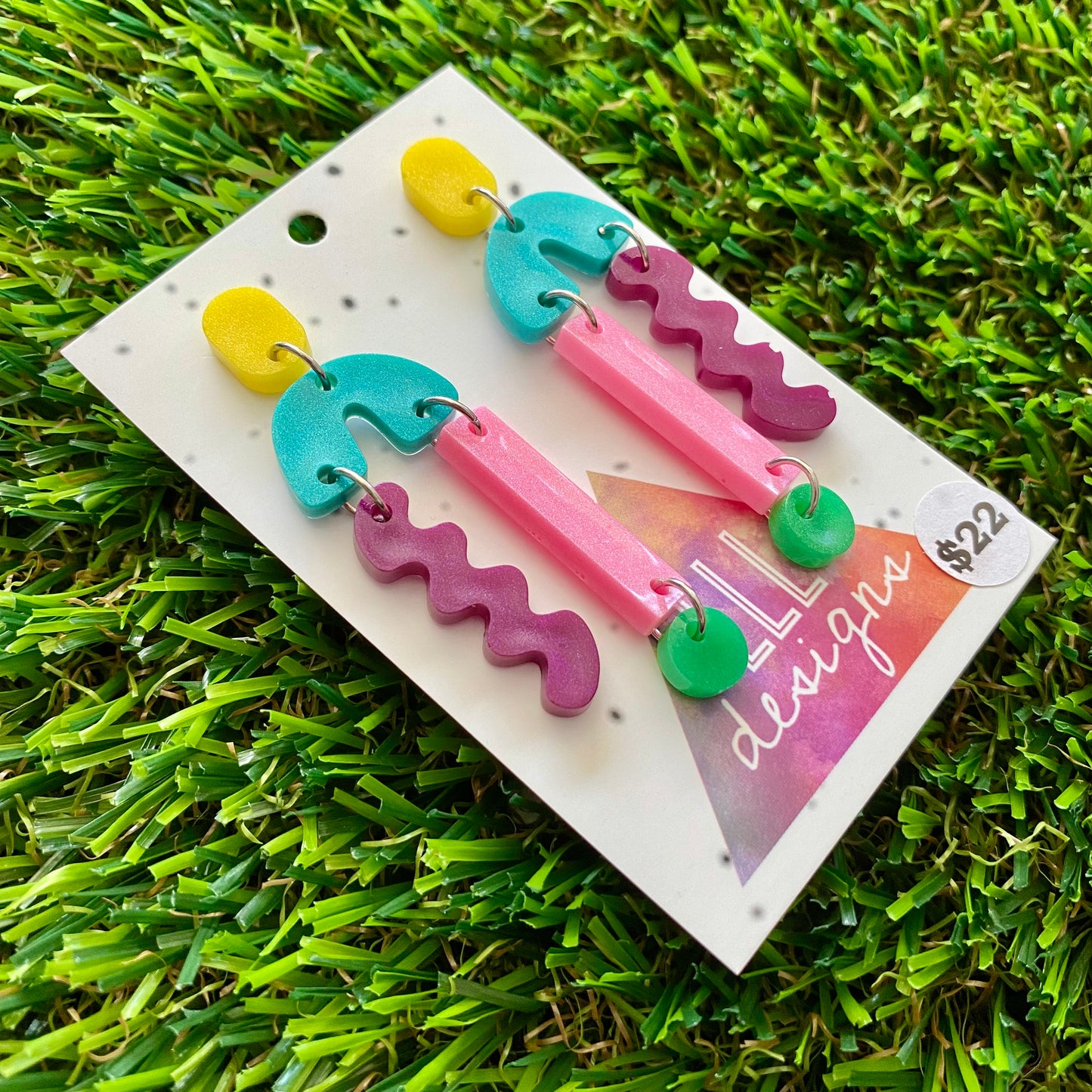 ON SALE!!!!!! Resin Earrings - Yellow, Teal, Purple, Pink and Green A Bit of Everything Dangles!