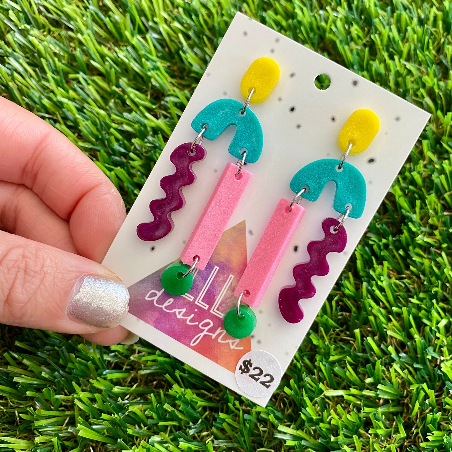 ON SALE!!!!!! Resin Earrings - Yellow, Teal, Purple, Pink and Green A Bit of Everything Dangles!