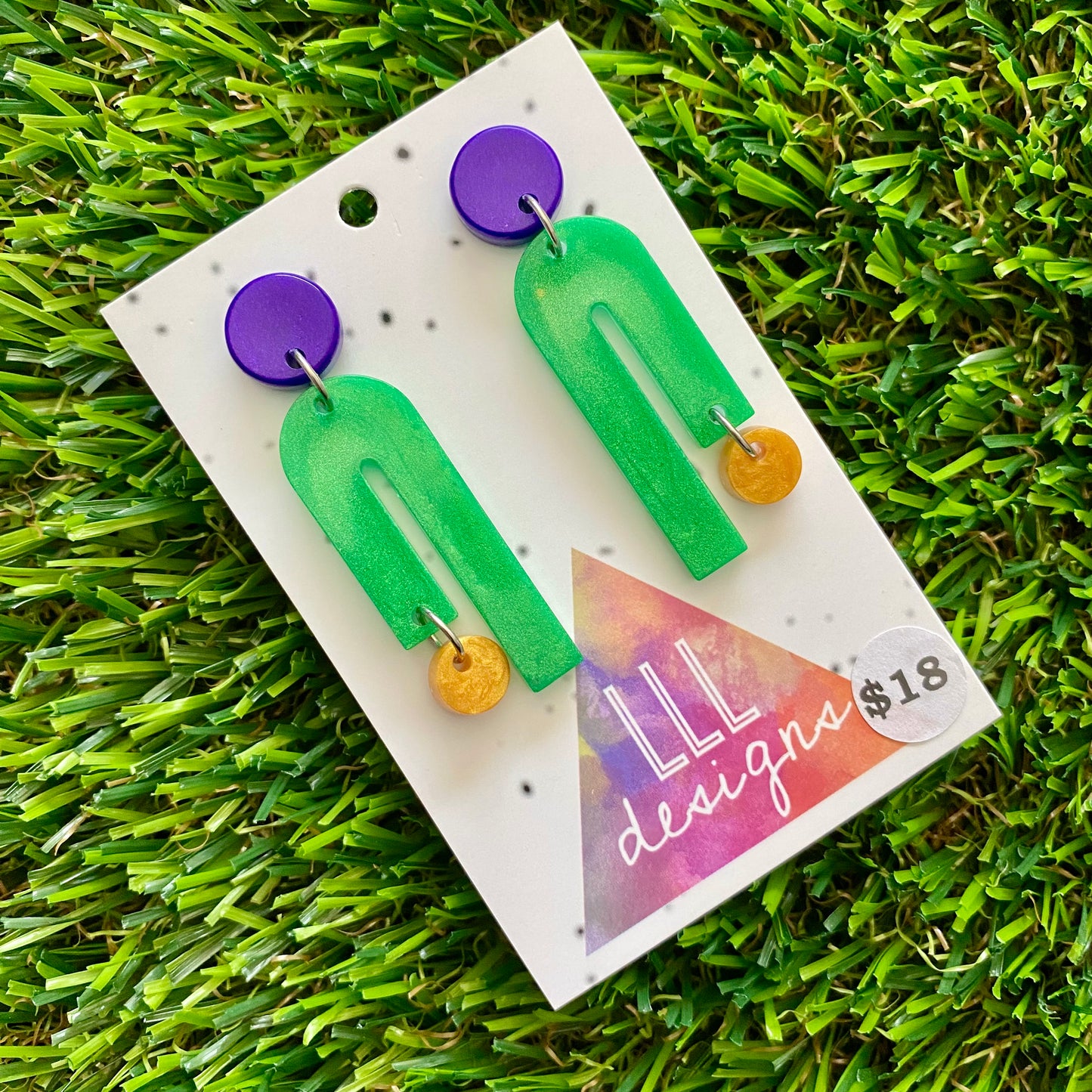 ON SALE!!!!!! Resin Earrings - Purple, Green, Gold Side Hustle Dangles!