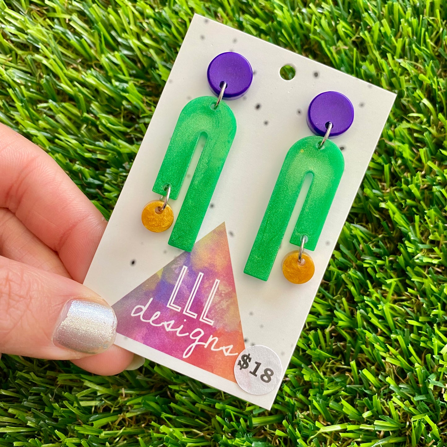 ON SALE!!!!!! Resin Earrings - Purple, Green, Gold Side Hustle Dangles!