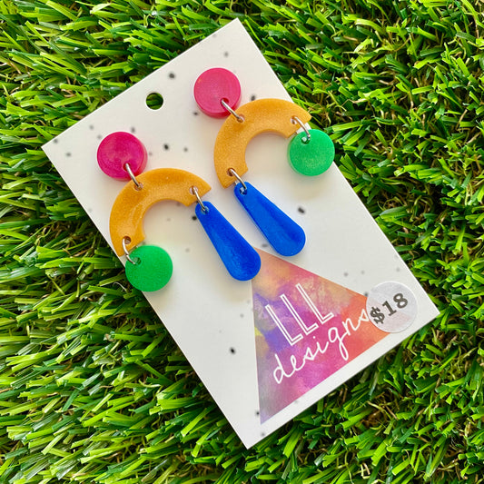 ON SALE!!!!!! Resin Earrings - Red, Gold, Green and Blue Trapeze  Dangles!