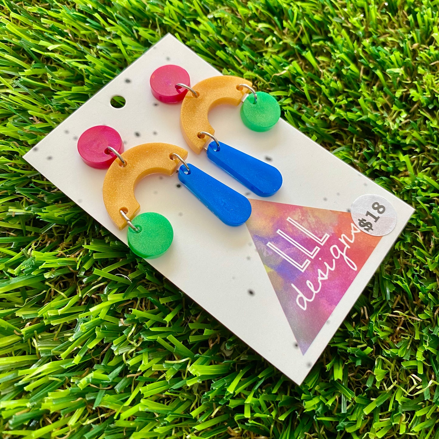 ON SALE!!!!!! Resin Earrings - Red, Gold, Green and Blue Trapeze  Dangles!