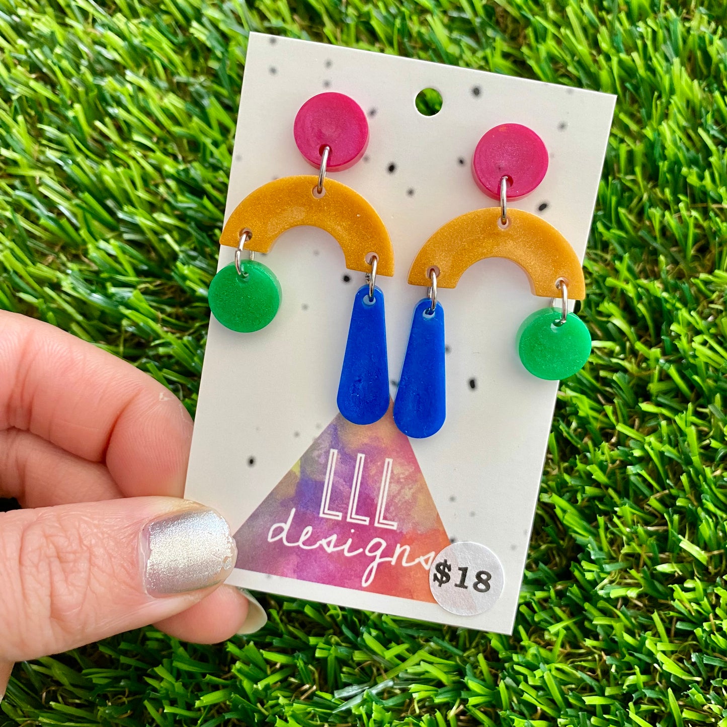ON SALE!!!!!! Resin Earrings - Red, Gold, Green and Blue Trapeze  Dangles!