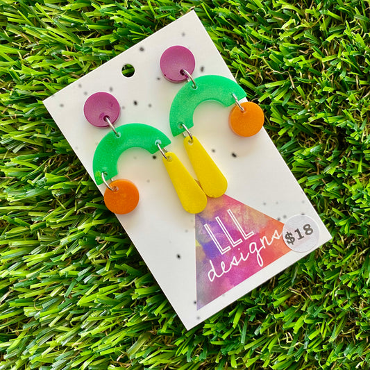 ON SALE!!!!!! Resin Earrings - Purple, Green, Orange and Yellow Trapeze Dangles!