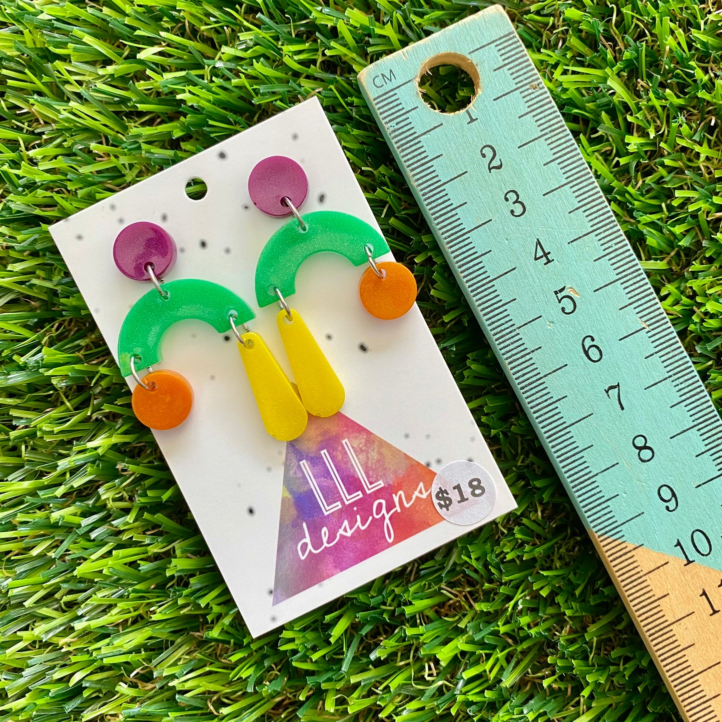 ON SALE!!!!!! Resin Earrings - Purple, Green, Orange and Yellow Trapeze Dangles!