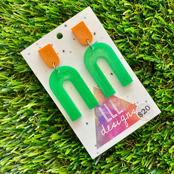 Resin Earrings - Orange and Green Open Arches Dangles!