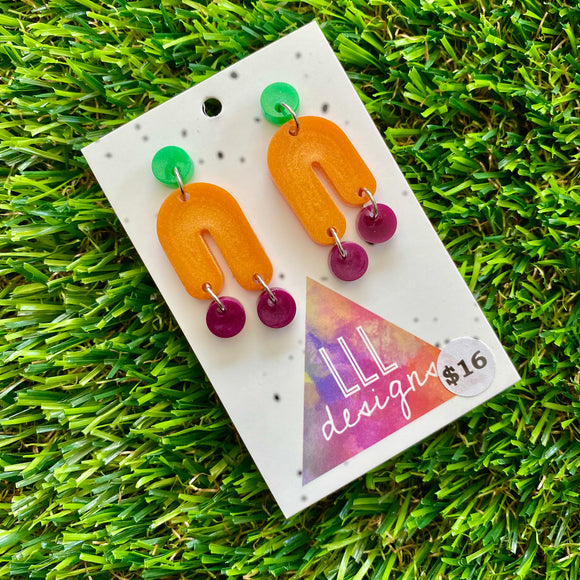 Resin Earrings - Green, Orange and Purple Balancing Act Dangles!