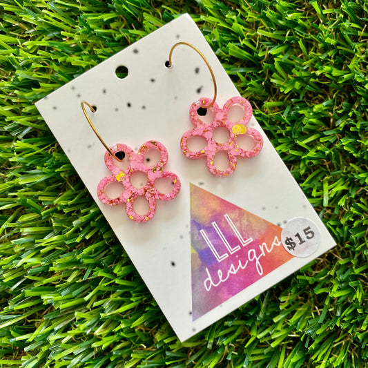 ON SALE!!!!!! Resin Earrings - Pink and Gold Confetti Dangles - Outlined Daisy Featuring a Gold Hoop!