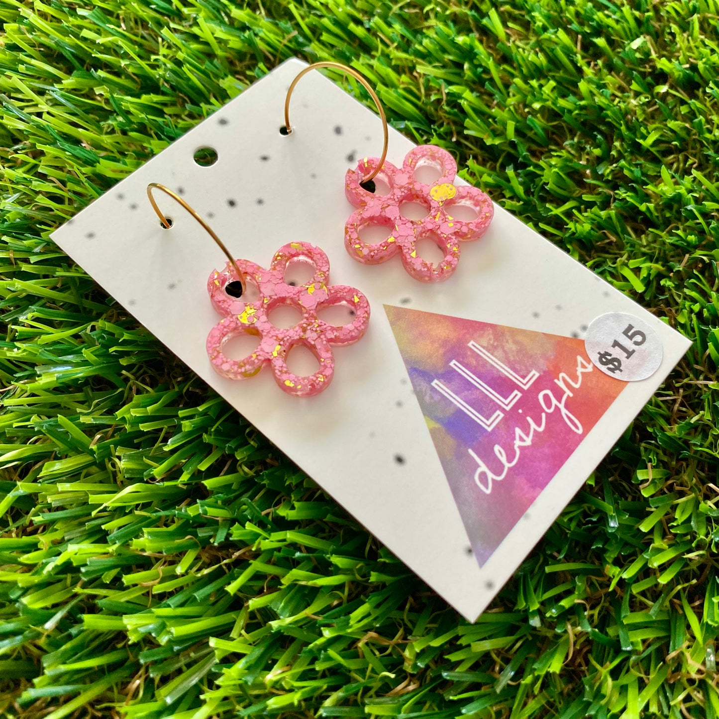 ON SALE!!!!!! Resin Earrings - Pink and Gold Confetti Dangles - Outlined Daisy Featuring a Gold Hoop!