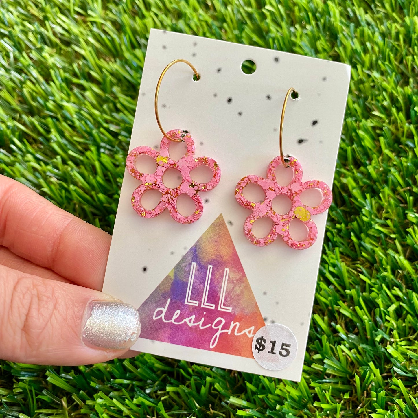 ON SALE!!!!!! Resin Earrings - Pink and Gold Confetti Dangles - Outlined Daisy Featuring a Gold Hoop!
