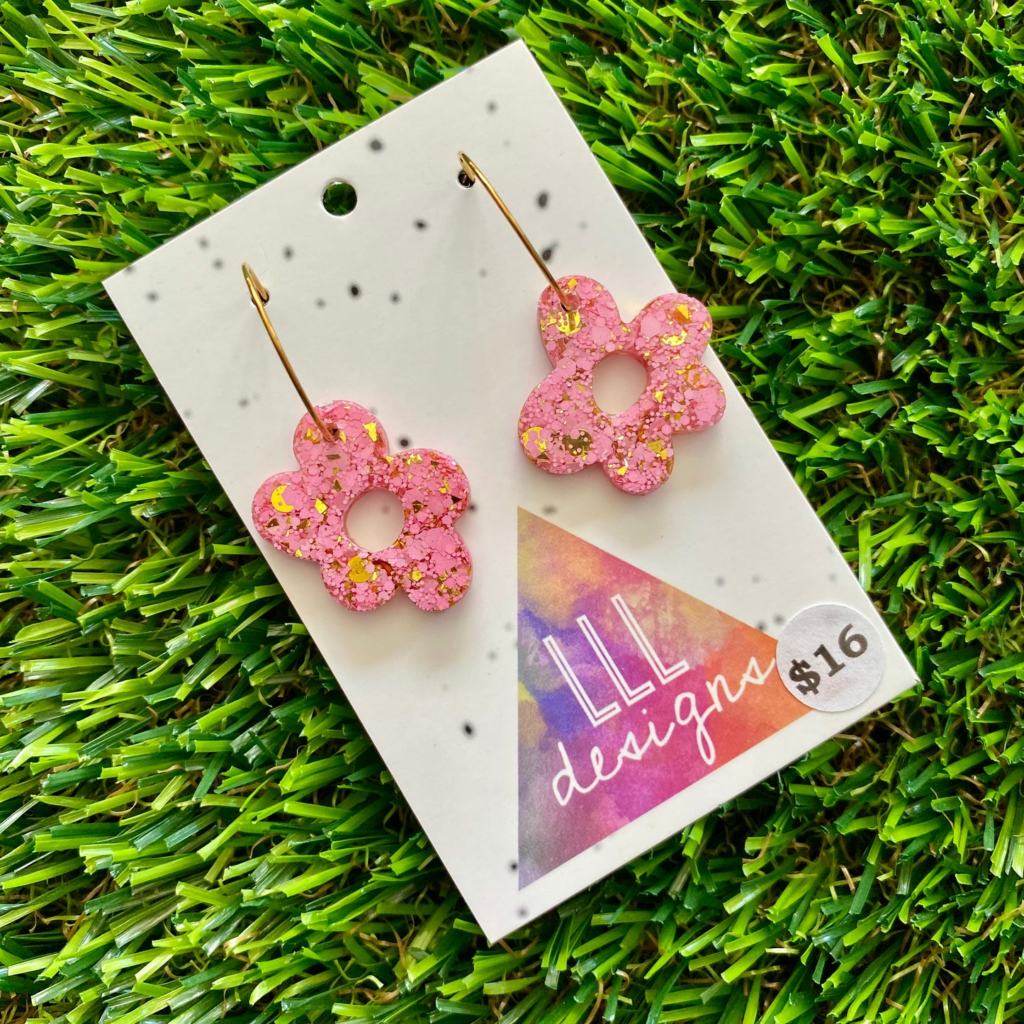 ON SALE!!!!!! Resin Earrings - Pink and Gold Confetti Dangles - Wonky Daisy Featuring a Gold Hoop!