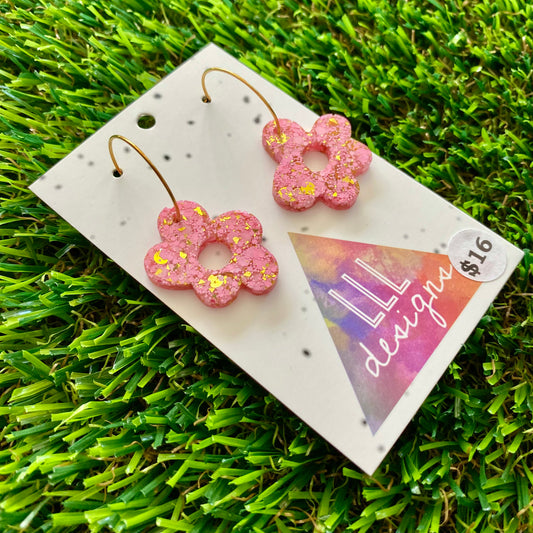 ON SALE!!!!!! Resin Earrings - Pink and Gold Confetti Dangles - Wonky Daisy Featuring a Gold Hoop!
