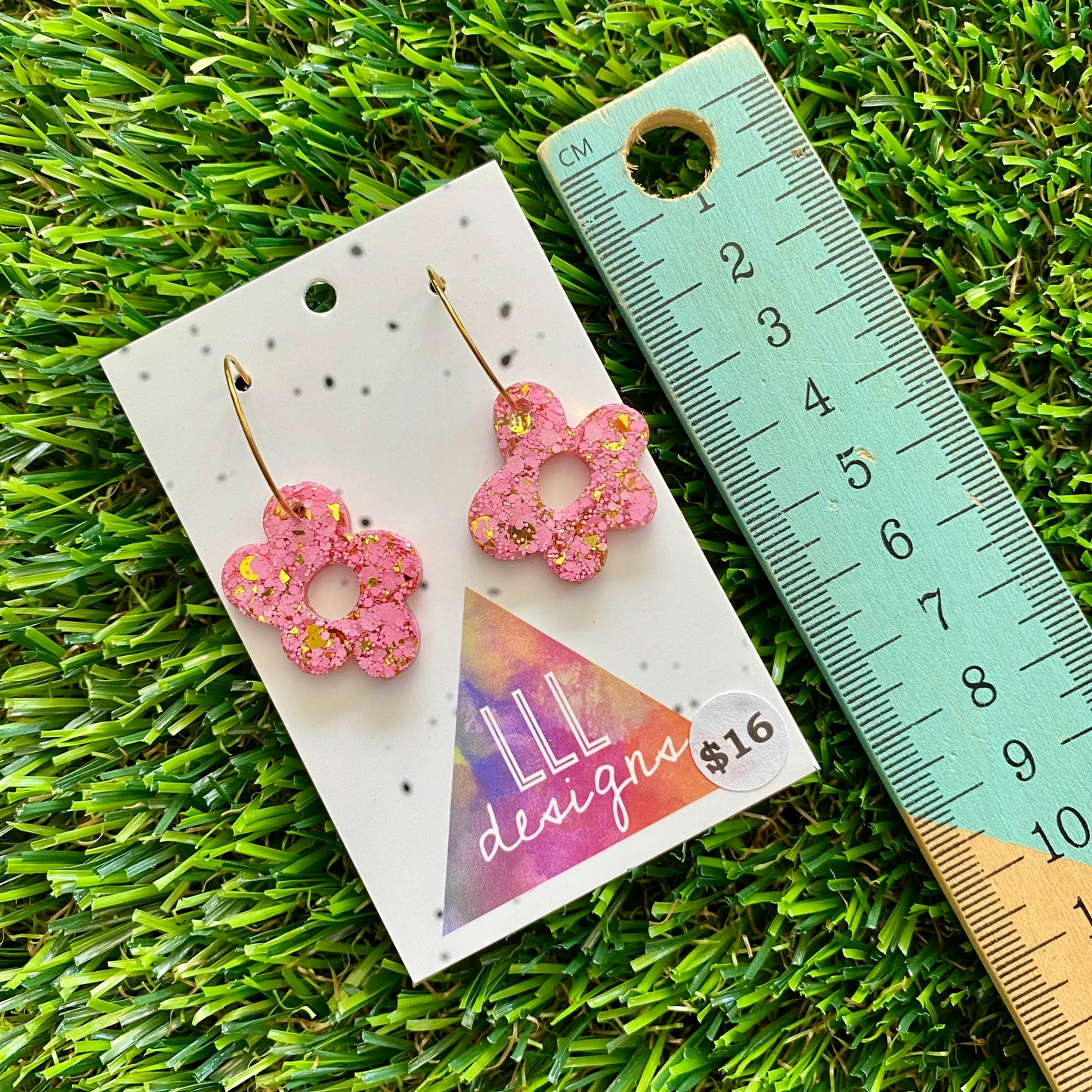ON SALE!!!!!! Resin Earrings - Pink and Gold Confetti Dangles - Wonky Daisy Featuring a Gold Hoop!