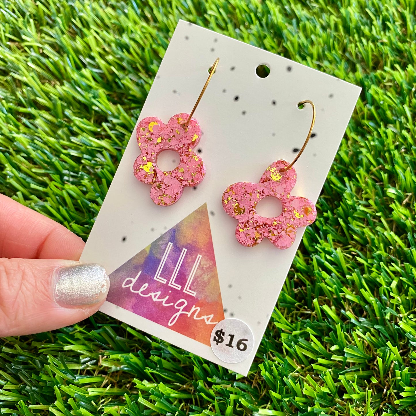 ON SALE!!!!!! Resin Earrings - Pink and Gold Confetti Dangles - Wonky Daisy Featuring a Gold Hoop!