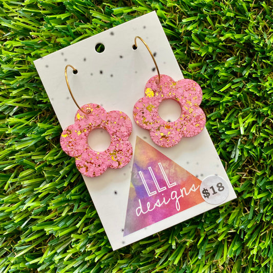 ON SALE!!!!!! Resin Earrings - Pink and Gold Confetti Dangles - Cut Out Daisy Featuring a Gold Hoop!