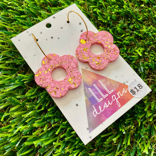 ON SALE!!!!!! Resin Earrings - Pink and Gold Confetti Dangles - Cut Out Daisy Featuring a Gold Hoop!