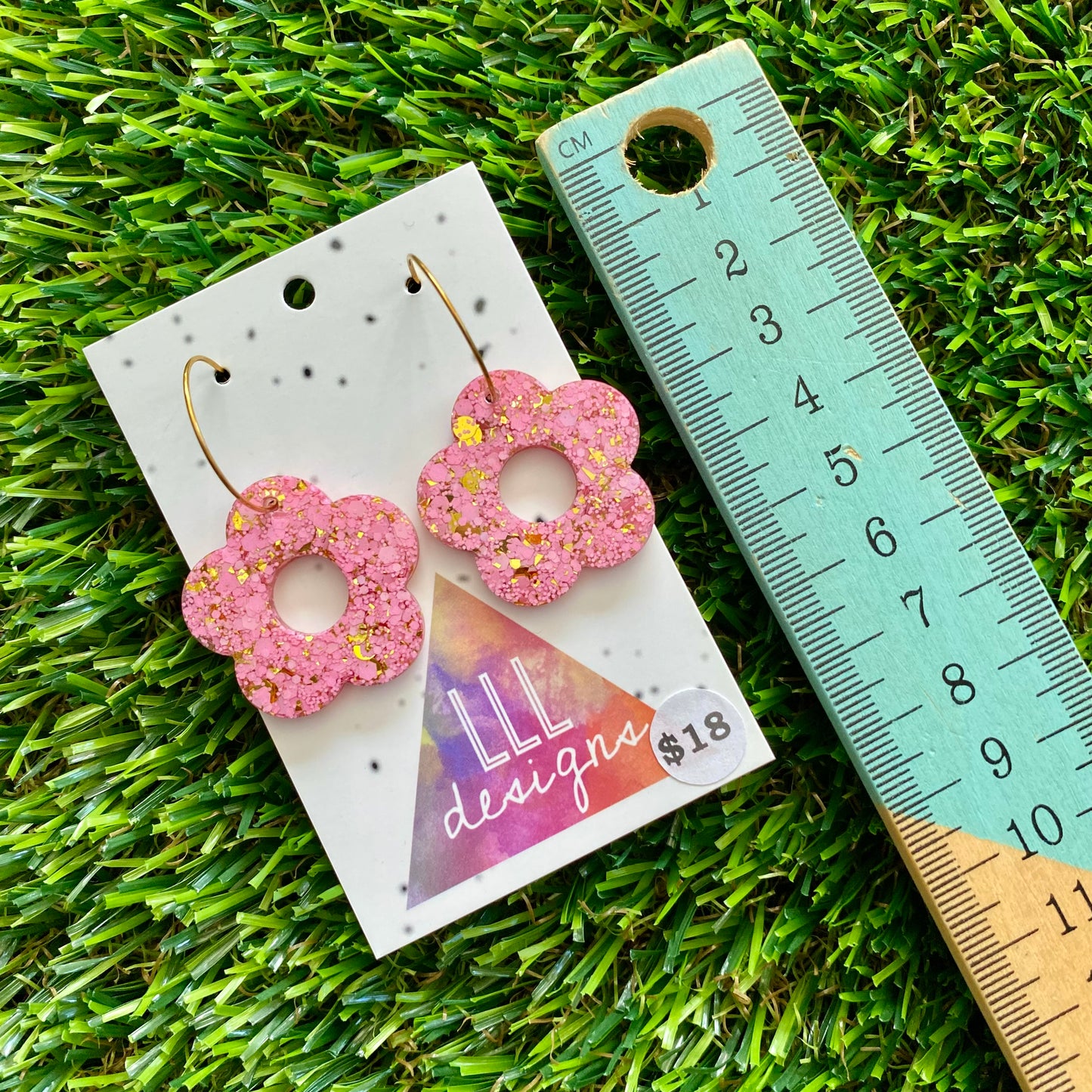 ON SALE!!!!!! Resin Earrings - Pink and Gold Confetti Dangles - Cut Out Daisy Featuring a Gold Hoop!