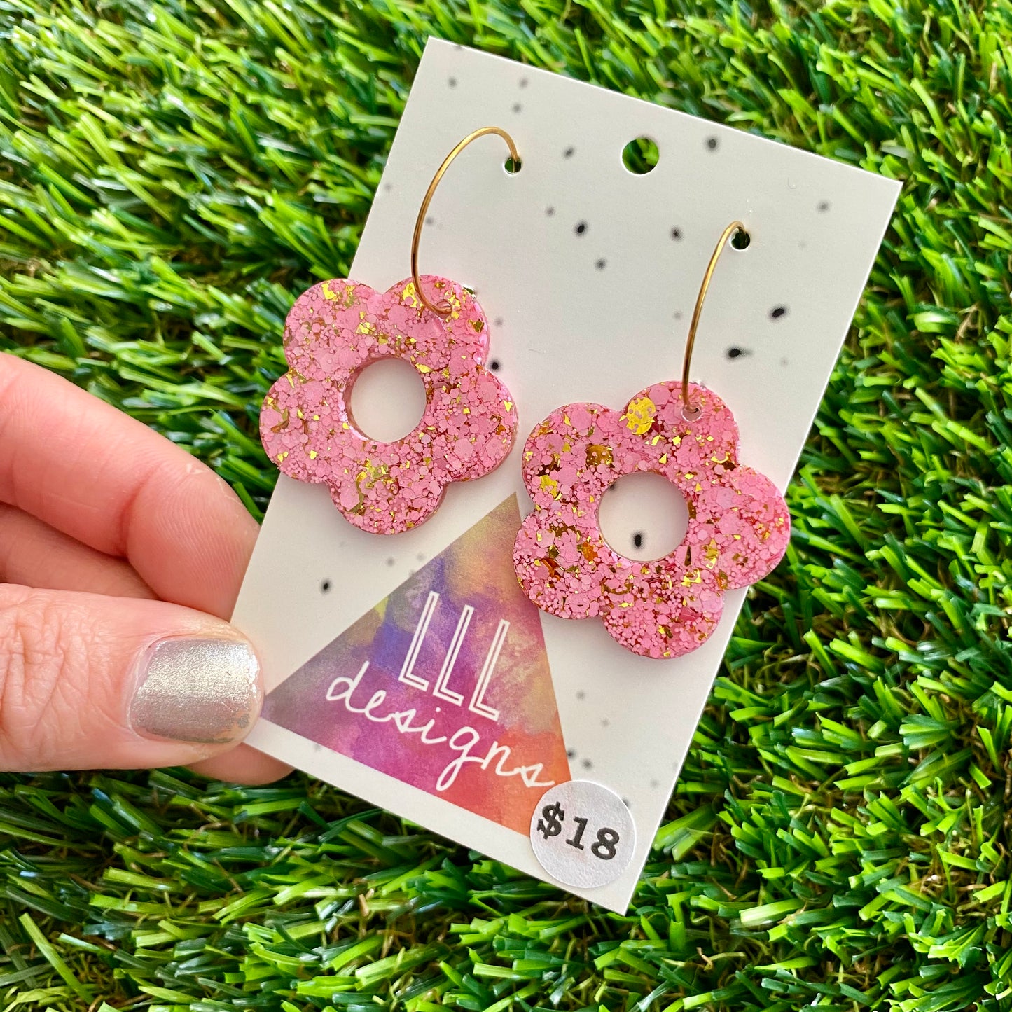 ON SALE!!!!!! Resin Earrings - Pink and Gold Confetti Dangles - Cut Out Daisy Featuring a Gold Hoop!